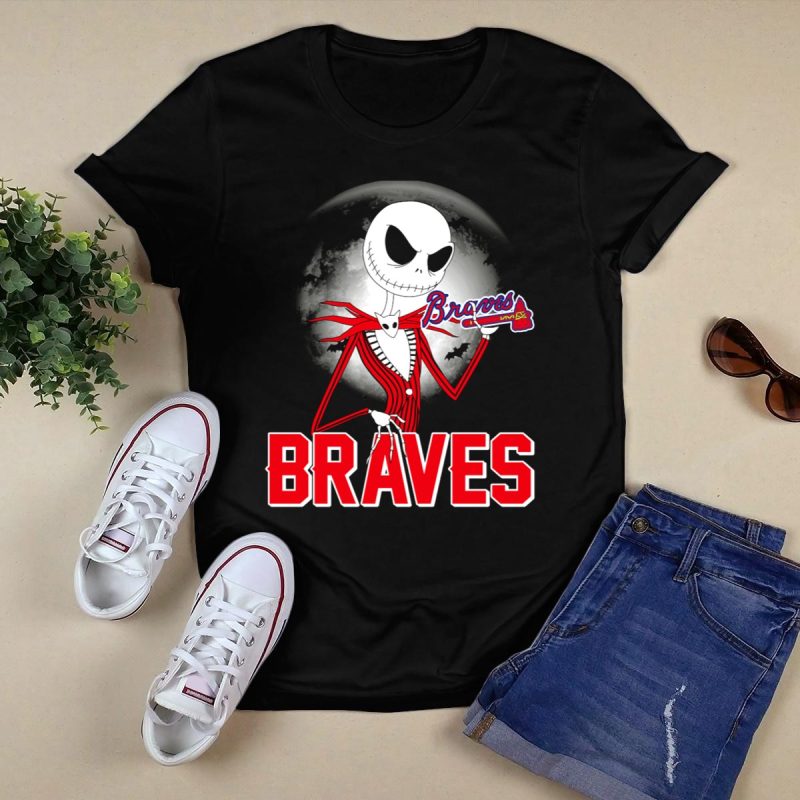Jack Skellington Halloween T-Shirt With Atlanta Baseball Moon & Bats - Image 5