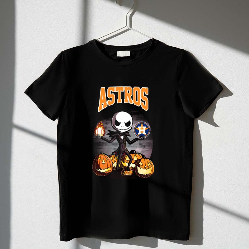 Jack Skellington Holding Houston Astros Baseball Surrounded by Pumpkins T Shirt t shirt 1 1
