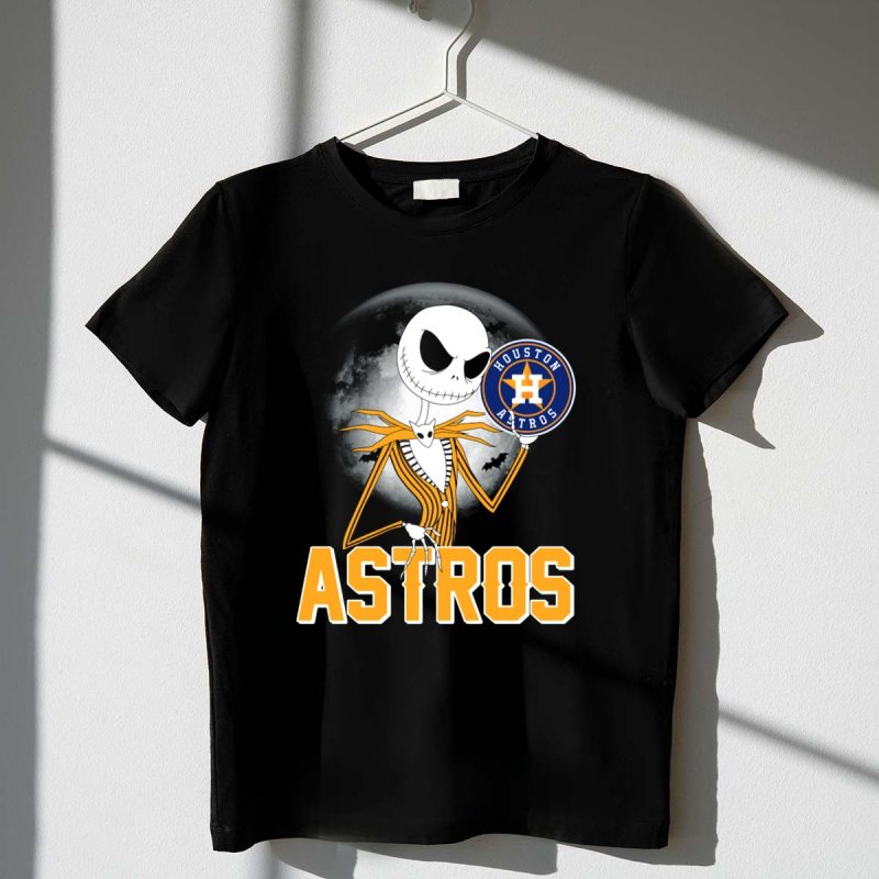 Jack Skellington Holding Houston Astros Logo with Halloween Bats T Shirt t shirt 1 1