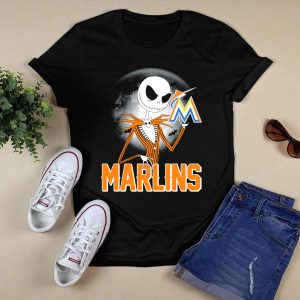 Jack Skellington Miami Marlins Halloween Moon Graphic T-Shirt