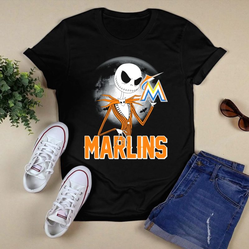 Jack Skellington Miami Marlins Halloween Moon Bat T Shirt Black 1