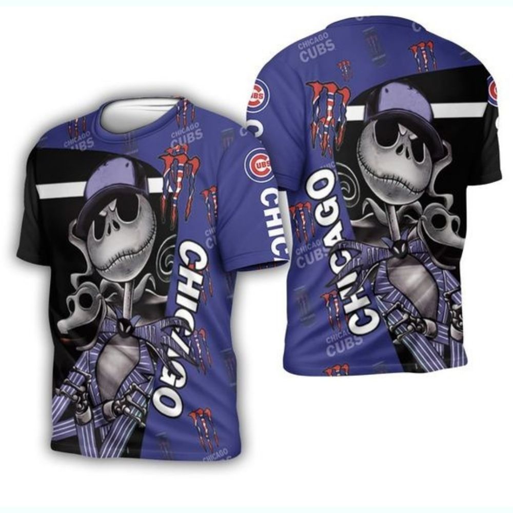 Jack Skellington Monster Energy Logo Chicago Cubs 3D T Shirt 1