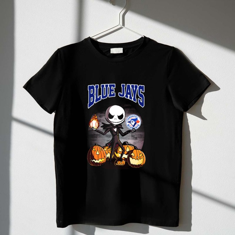Jack Skellington Toronto Blue Jays Halloween with Pumpkins and Baseball T Shirt t shirt 1 1