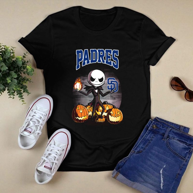 Jack Skellington with San Diego Padres Baseball and Halloween Pumpkins T Shirt Black 1