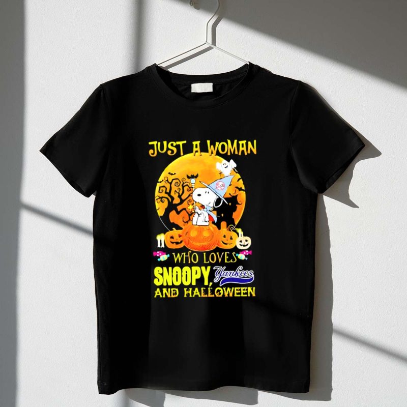 Just a Woman Who Loves Snoopy Yankees and Halloween T Shirt t shirt 1 1