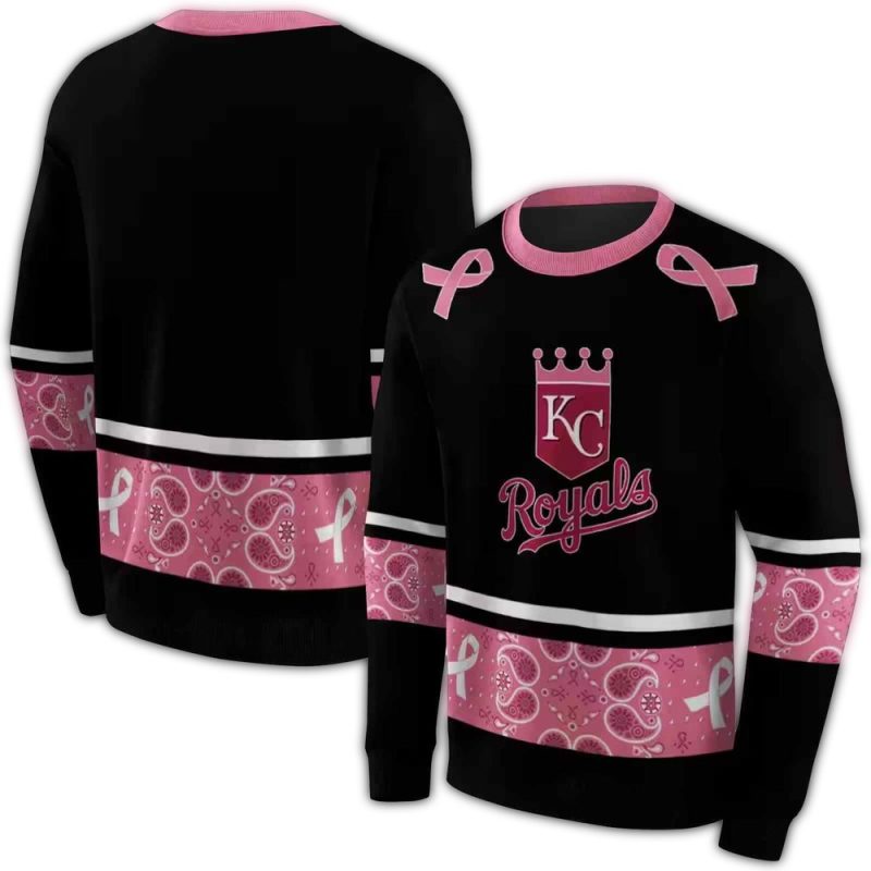 Kansas City Royals Awareness Ribbon Black Pink All Over Print Sweatshirt 1