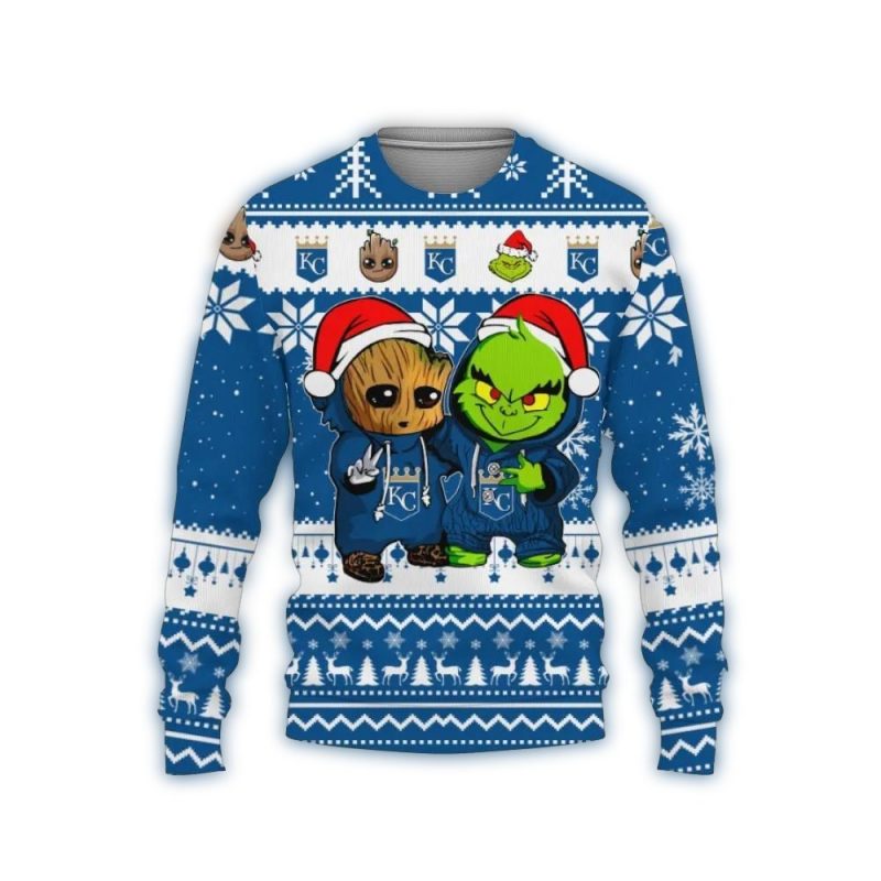 Kansas City Royals Baby Groot And Grinch Best Friends Christmas Ugly Sweater 1