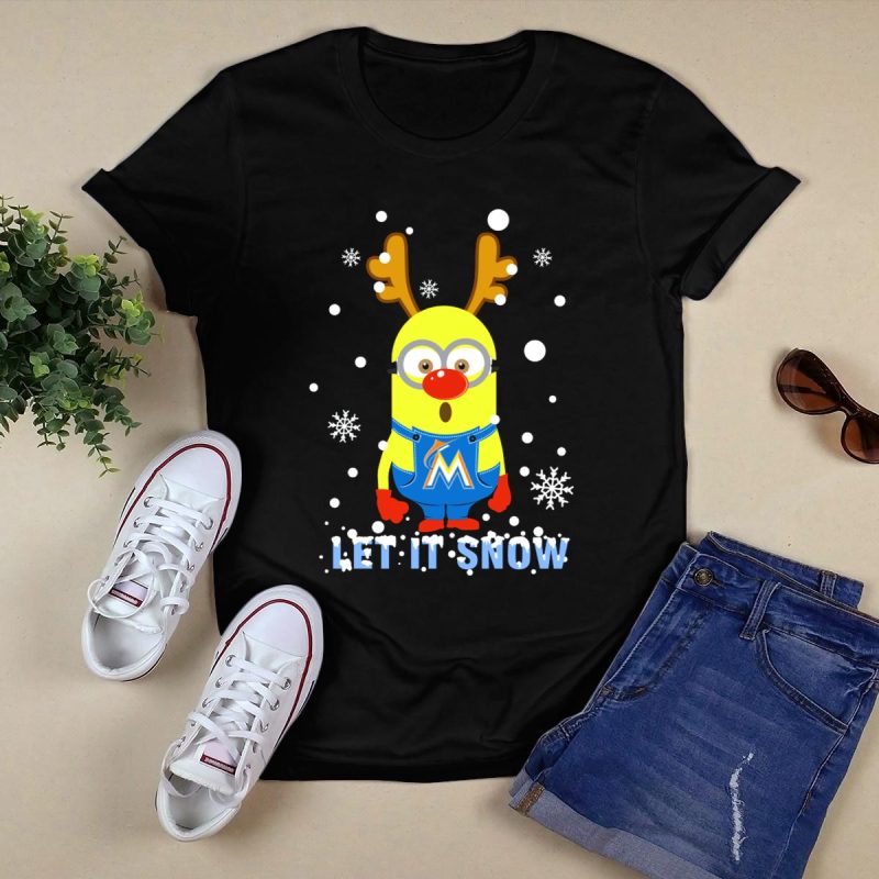 Let It Snow Christmas Miami Marlins Minion Reindeer Fans T Shirt Black 1