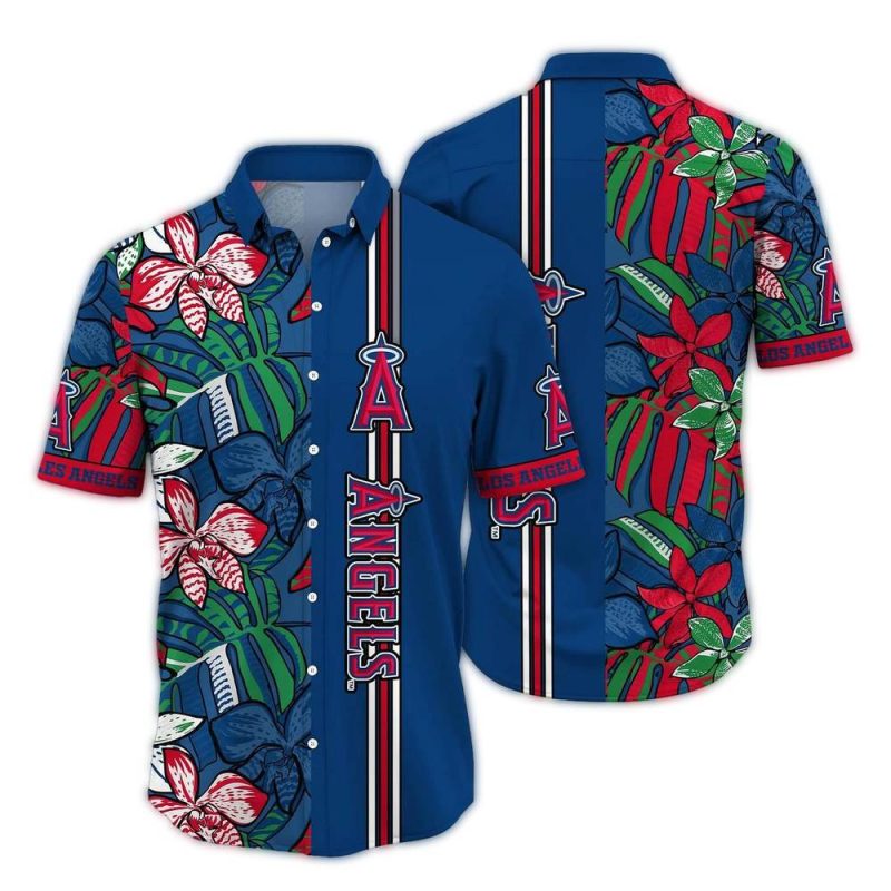 Los Angeles Angels Floral Leafs Stripe Hawaiian Shirt 1