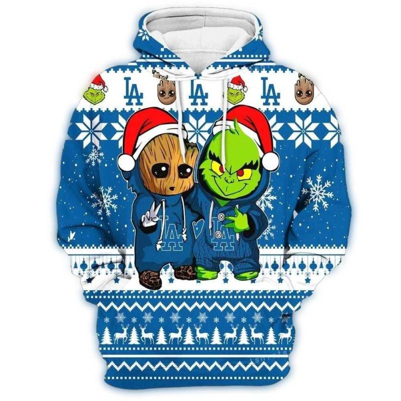 Dodgers Baby Groot & Grinch Christmas All Over Print Hoodie for Kids - Image 2