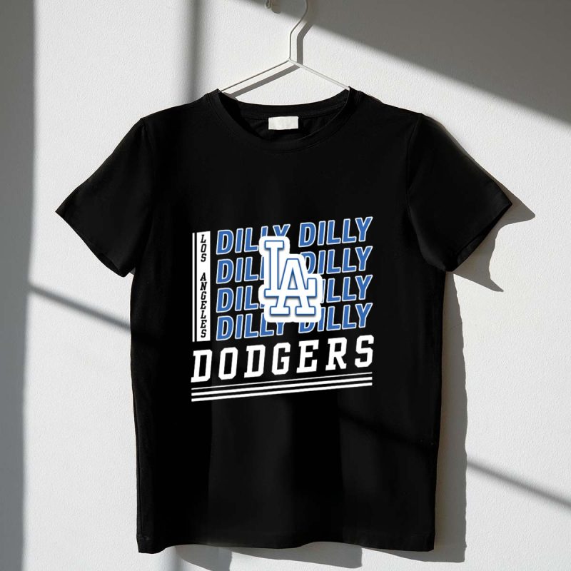 Los Angeles Dodgers Dilly Dilly LA Logo Stacked Text T Shirt.jpeg t shirt 1 1