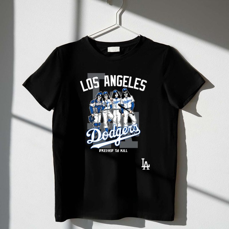 Los Angeles Dodgers Dressed To Kill Featuring KISS Band Members T Shirt.jpeg t shirt 1 1