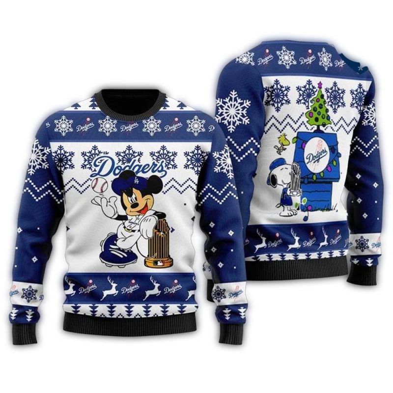 Mickey Mouse Snoopy Christmas Ugly Sweater for Los Angeles Dodgers Fans