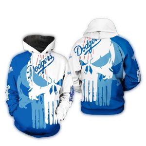Los Angeles Dodgers Skull Punisher Blue and White All-Over Print Hoodie