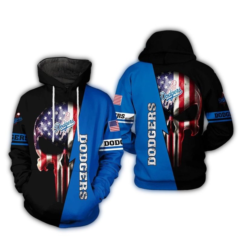 Los Angeles Dodgers Skull Punisher All Over Print Hoodie with US Flag Design