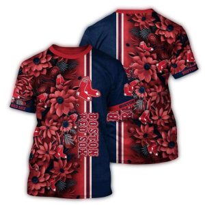 Boston Red Sox Floral Heart All-Over Print T-Shirt - Unique Fan Apparel