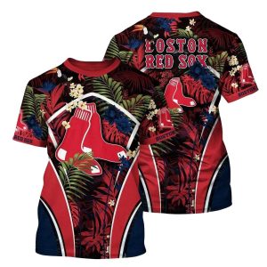 Boston Red Sox Floral Leaf All-Over Print T-Shirt for Fans