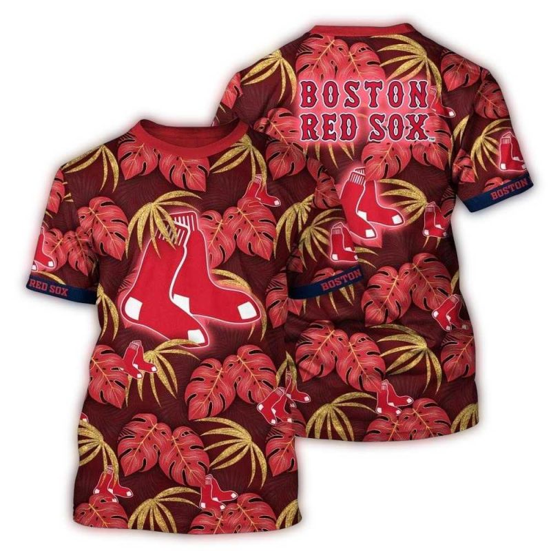 Boston Red Sox Tropical Leaf Pattern T-Shirt for Baseball Fans