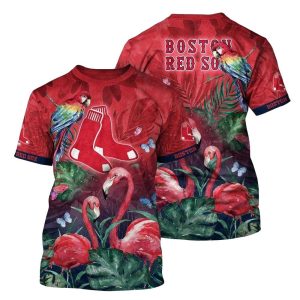 Boston Red Sox Tropical Flamingo and Parrot All-Over Print T-Shirt