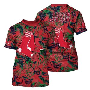 Boston Red Sox Floral Leaf All-Over Print T-Shirt for Fans