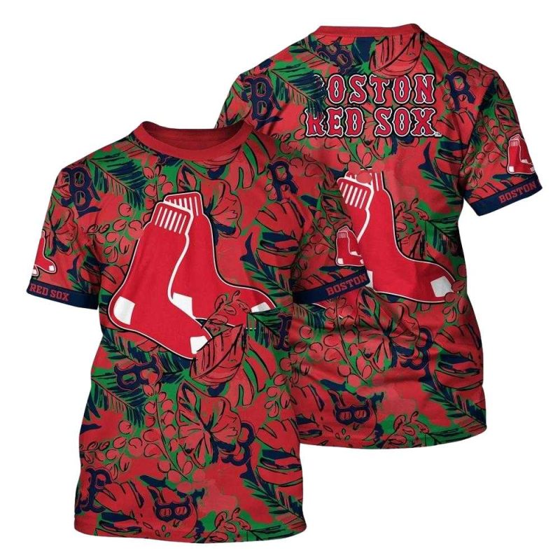 Boston Red Sox Floral Leaf All-Over Print T-Shirt for Fans