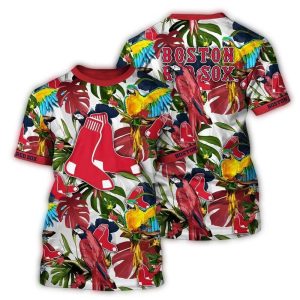 Boston Red Sox Floral Parrot All-Over Print T-Shirt for Fans