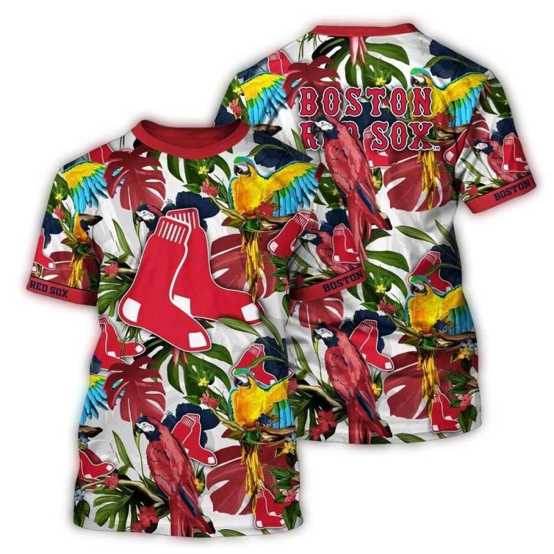 Boston Red Sox Floral Parrot All-Over Print T-Shirt for Fans