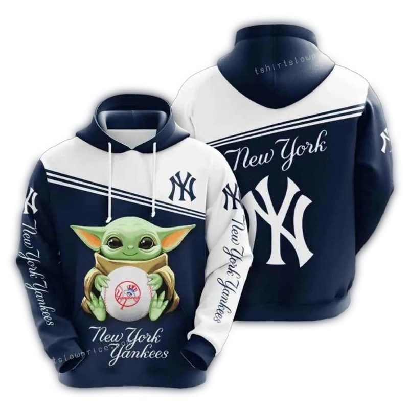 MLB New York Yankees Baby Yoda Hold Logo 3D Hoodie 1
