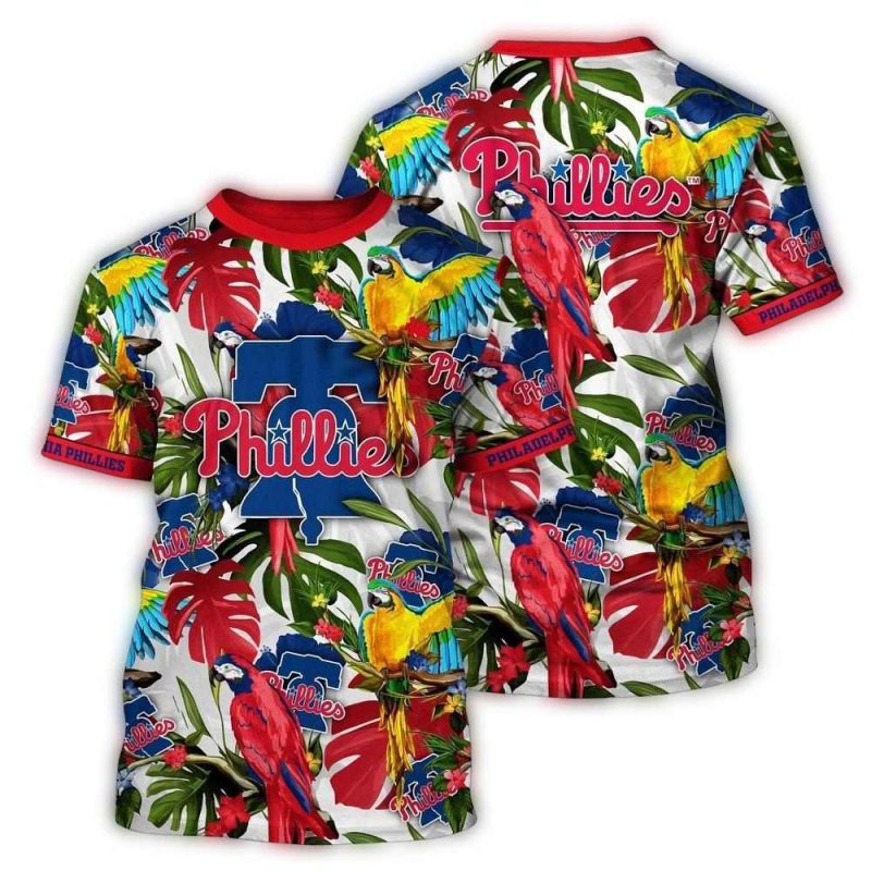Philadelphia Phillies Floral Parrot All Over Print T-Shirt for Fans