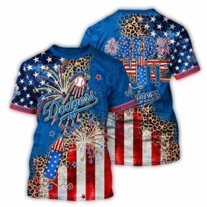 Los Angeles Dodgers Red, White & Blue Firework Graphic T-Shirt