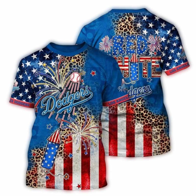 Los Angeles Dodgers Red, White & Blue Firework Graphic T-Shirt