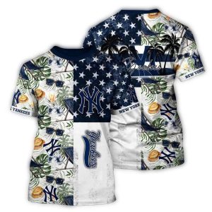 New York Yankees All-Over Print T-Shirt With Leafs And Flag Design