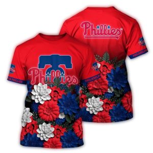Philadelphia Phillies Floral Print T-Shirt in White and Blue Design