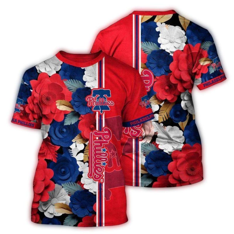 Philadelphia Phillies Floral Stripe All Over Print T-Shirt for Fans