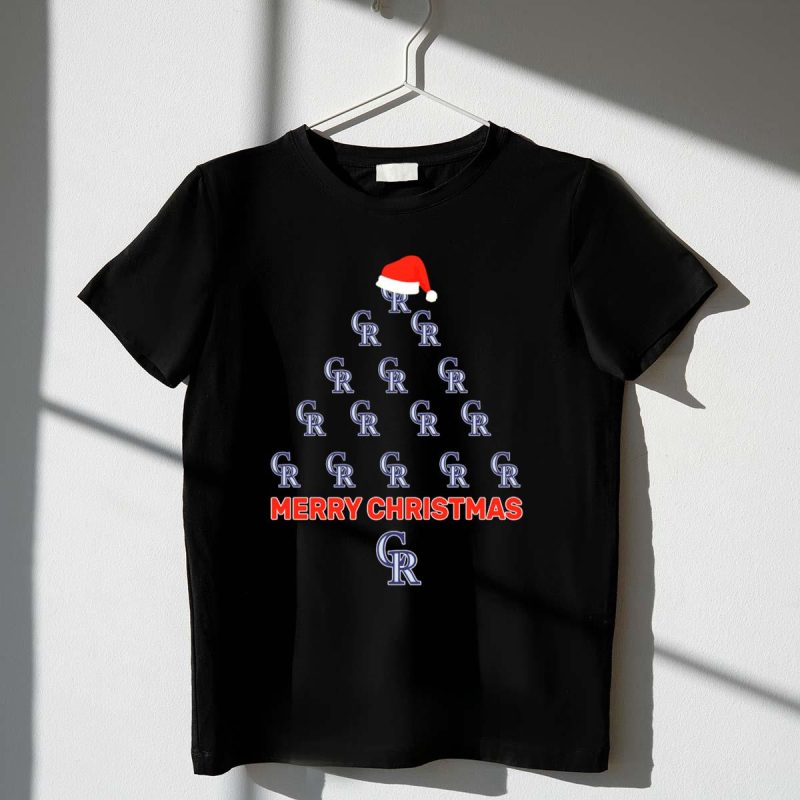 Merry Christmas Colorado Rockies Tree with Santa Hat T Shirt t shirt 1 1