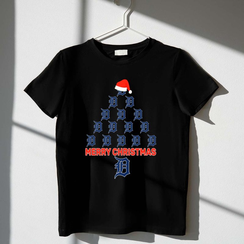 Merry Christmas Detroit Tigers Holiday Tree Design with Santa Hat T Shirt t shirt 1 1