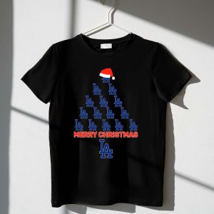 La Dodgers Christmas Tree T-Shirt With Santa Hat Design
