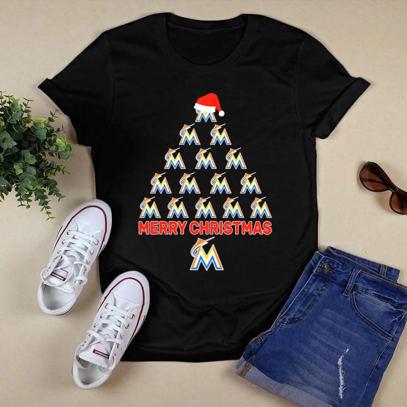 Merry Christmas Miami Marlins Tree with Santa Hat T Shirt Black 1