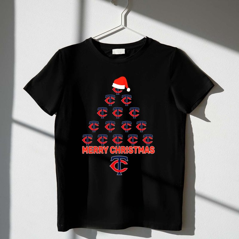Merry Christmas Minnesota Twins Tree with Santa Hat T Shirt t shirt 1 1
