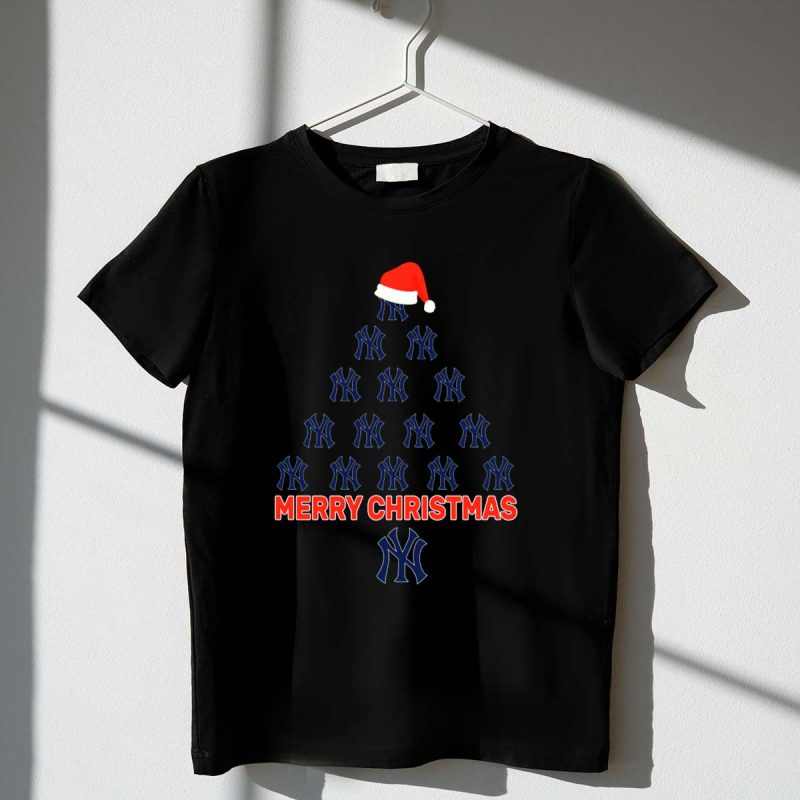 Merry Christmas New York Yankees Logo Tree with Santa Hat T Shirt t shirt 1 1