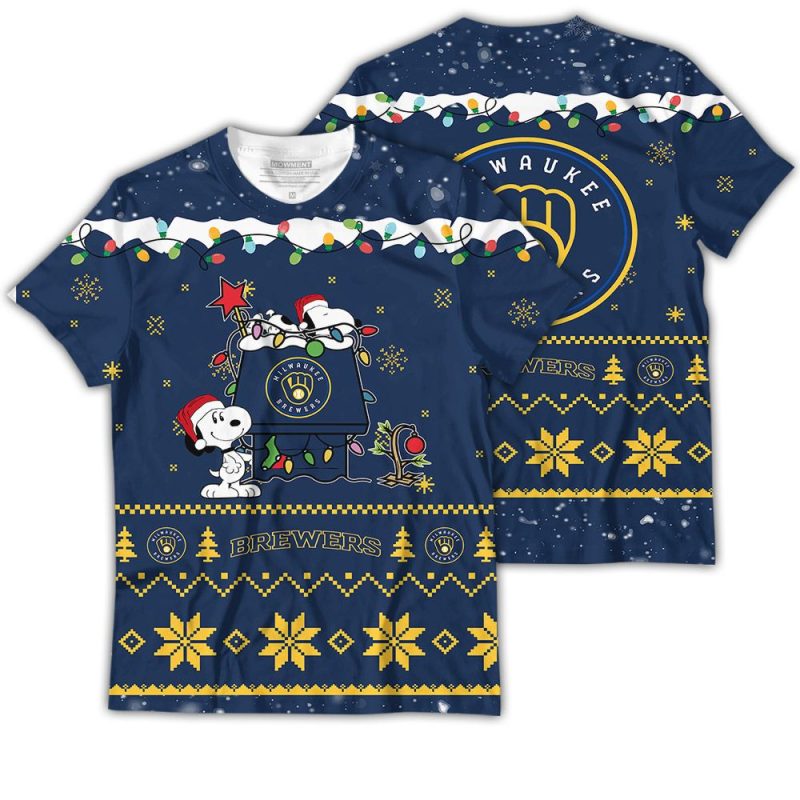 Milwaukee Brewers Merry Christmas Snoopy All-Over Print T-Shirt