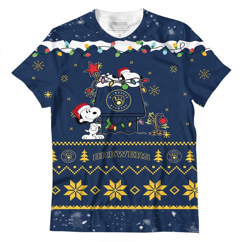 Milwaukee Brewers Merry Christmas Snoopy All-Over Print T-Shirt - Image 2