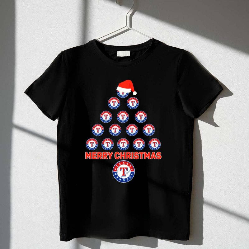 Merry Christmas Texas Rangers Tree with Logos and Santa Hat T Shirt t shirt 1 1