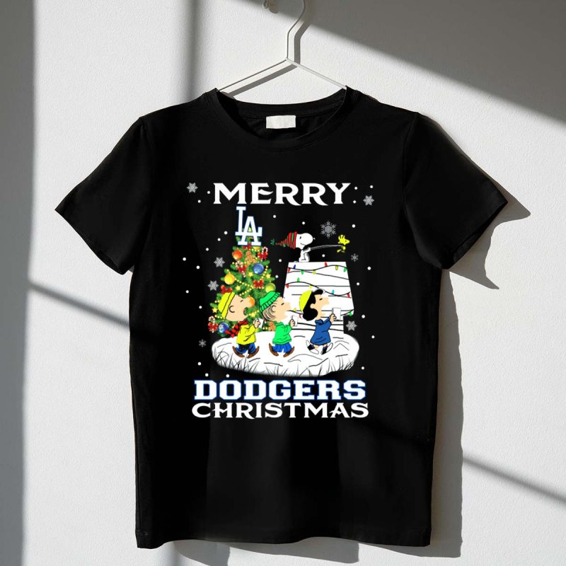 Merry Los Angeles Dodgers Christmas with Snoopy and Peanuts Holiday Scene T Shirt.jpeg t shirt 1 1