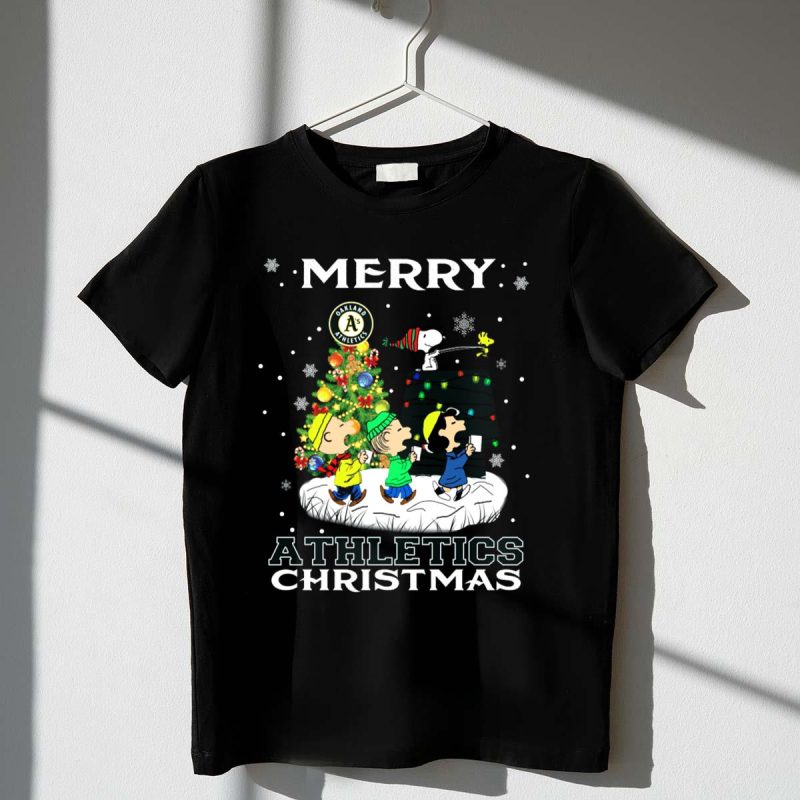 Merry Oakland Athletics Christmas with Snoopy and Friends T Shirt t shirt 1 1