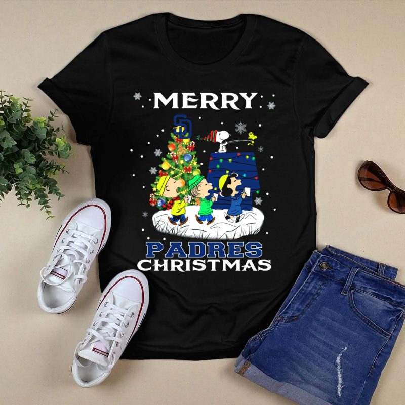 Merry San Diego Padres Christmas Featuring Snoopy and Peanuts Characters T Shirt Black 1
