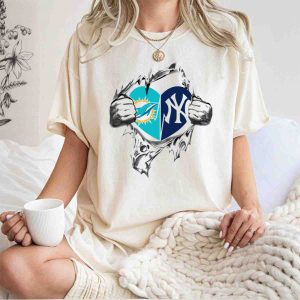 Miami Dolphins & New York Yankees Fan Heart T-Shirt - Sports Apparel