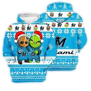 Miami Marlins Baby Groot & Grinch Christmas All-Over Print Hoodie