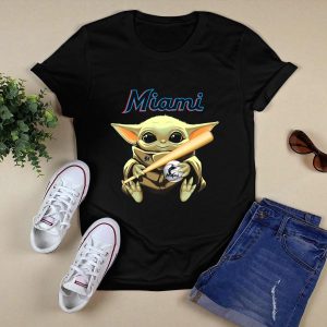 Miami Marlins Baby Yoda T-Shirt With Baseball Bat And Ball Design