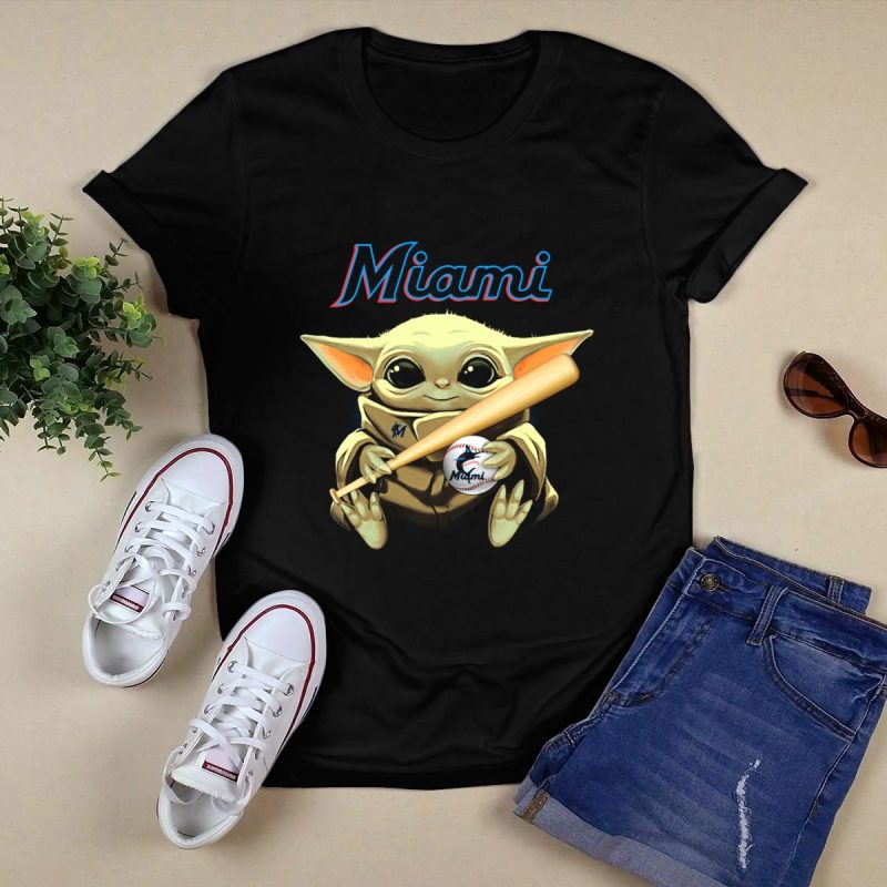 Miami Marlins Baby Yoda Baseball Bat and Ball T Shirt Black 1